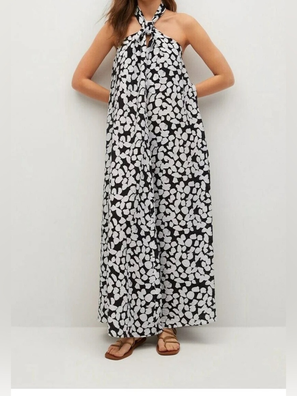 Mango Black and White Floral Halter Maxi Dress